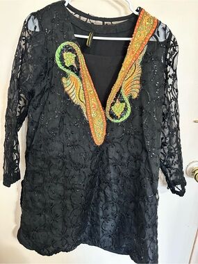 Black Embroidered Tunic with Orange Paisley Accent